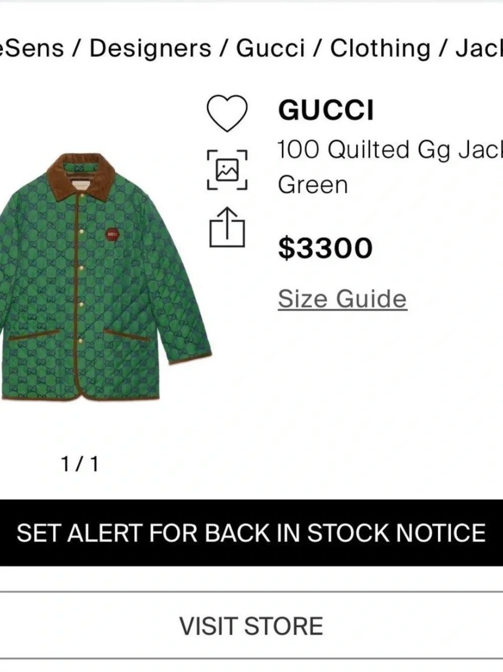 Rare Gucci Men’s 100th collection Green GG Quilted Jacket with Brown Trim